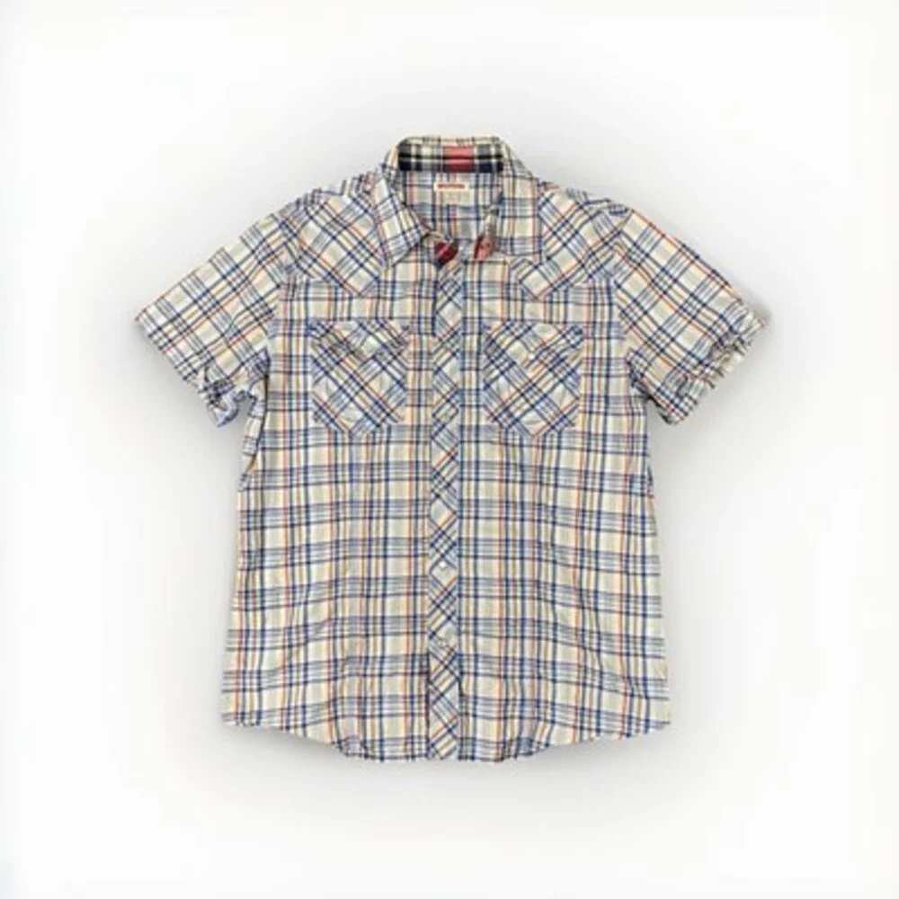 True Religion Pearl Snap Western Shirt XL Blue Red Plaid Cowboy Y2K Preppy